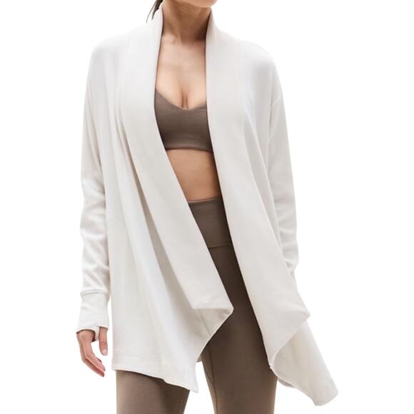 Athleta Pranayama Open Cardigan Sweater Pocket Knit Light Bone Rib Medium Tall - Picture 1 of 6